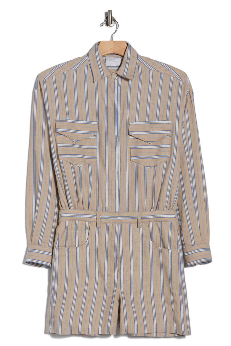 Linen & Cotton Blend Romper, Alternate, color, BEIGE/ BLUE