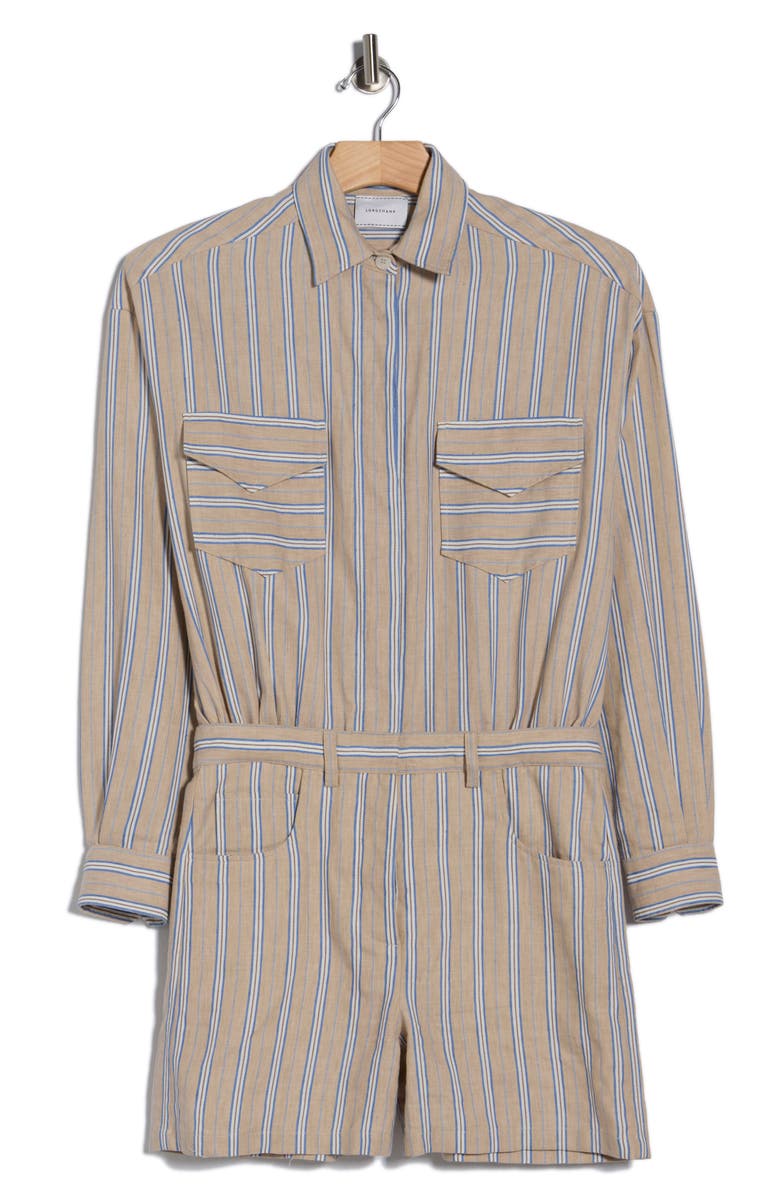 Longchamp Linen & Cotton Blend Romper, Alternate, color, Beige/ Blue