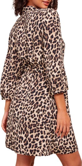 Leopard Print Tie Waist Long Sleeve Shirtdress