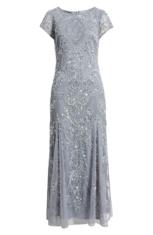 Pisarro Nights Beaded Mesh Midi Cocktail Dress In Soft Blue