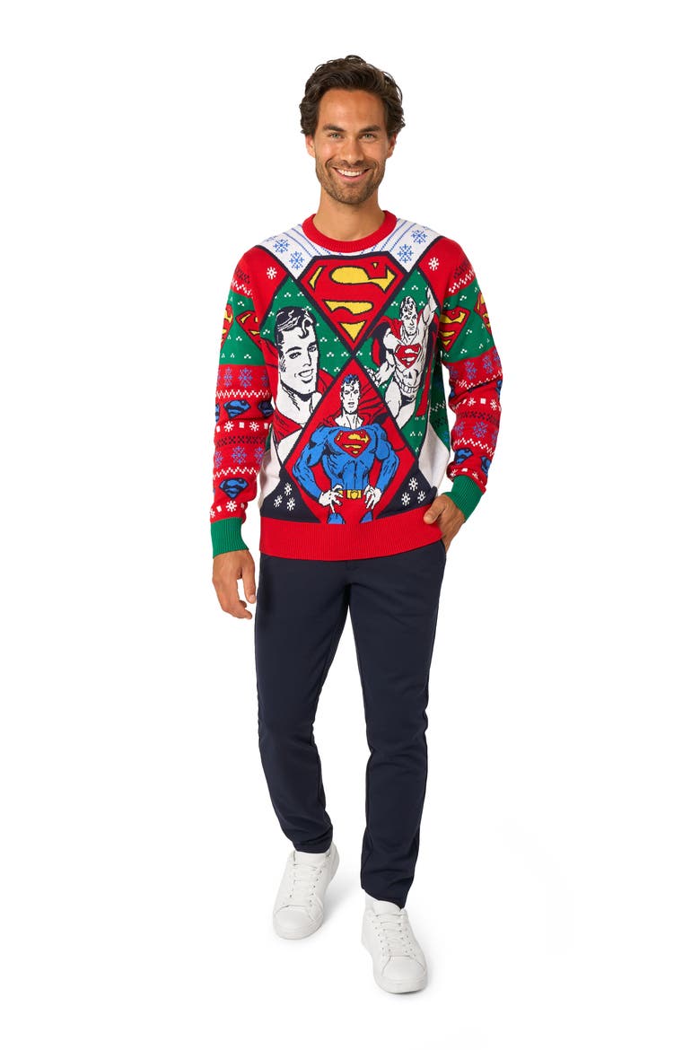 Superman Christmas Crewneck Sweater, Alternate, color, RED MULTI