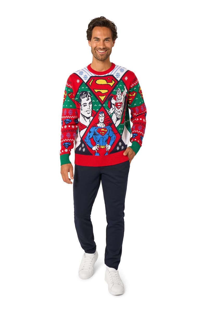 OppoSuits Superman Christmas Crewneck Sweater, Alternate, color, Red Multi