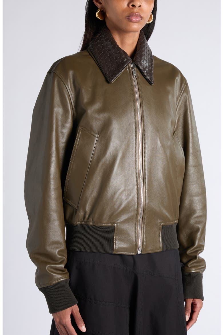 Intrecciato Collar Leather Jacket, Alternate, color, 3476 WADER GREEN