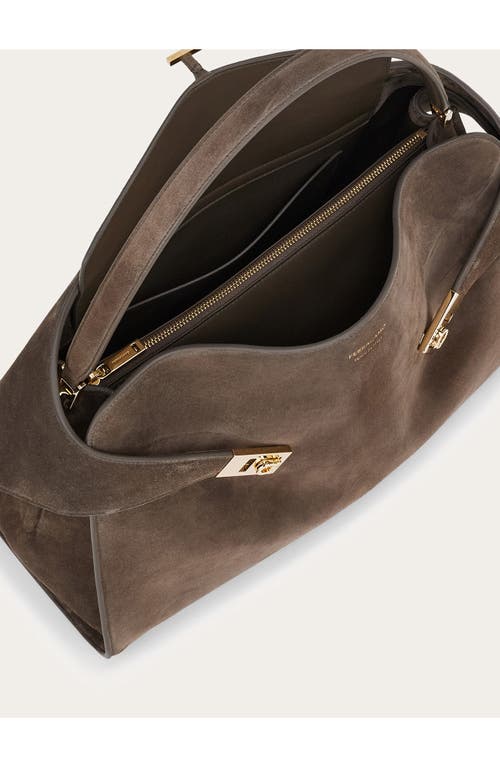 Ferragamo Medium Hug Suede Shoulder Bag In Concrete
