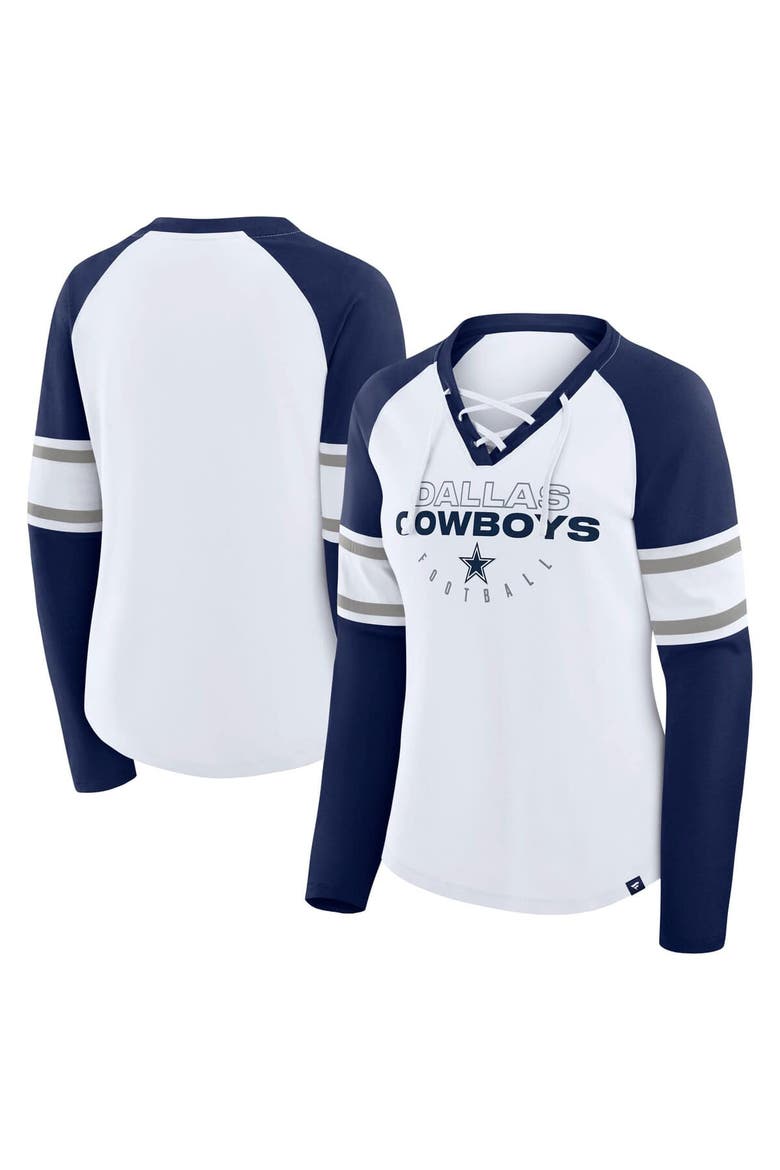 Women's Fanatics White/Navy Dallas Cowboys Redzone Blitz Package Raglan Lace-Up V-Neck Long Sleeve T-Shirt, Main, color, White