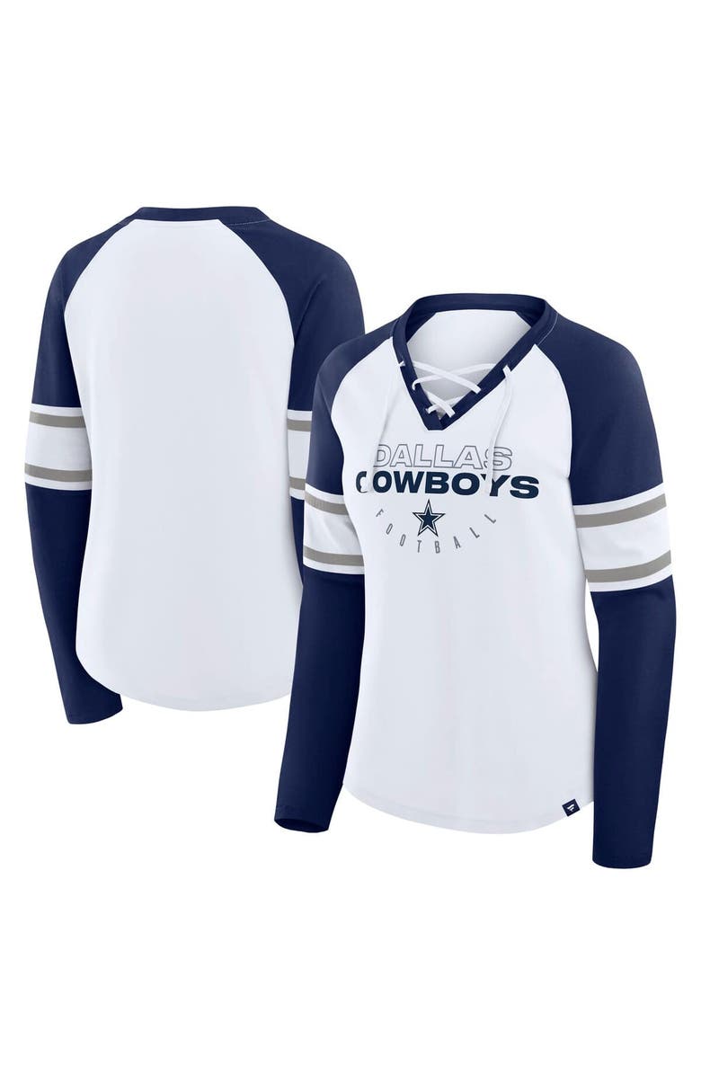 FANATICS Women's Fanatics White/Navy Dallas Cowboys Redzone Blitz Package Raglan Lace-Up V-Neck Long Sleeve T-Shirt, Main, color, White