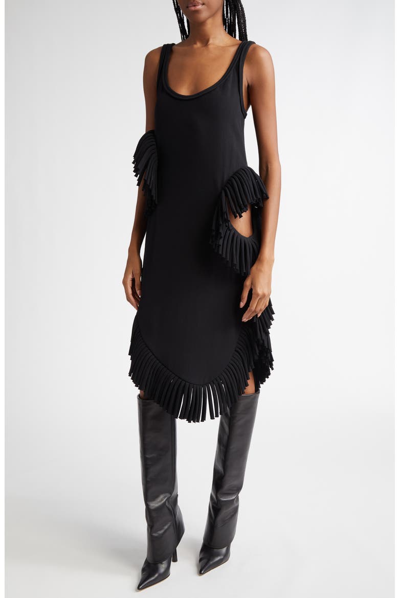 Scatter Fringe Cutout Wool Midi Dress, Alternate, color, BLACK