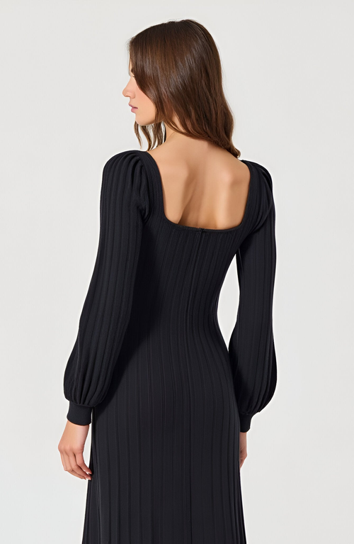 Modenaire Front Bow Detail Square Neck Puff Sleeve Maxi Sweater Dress In Black