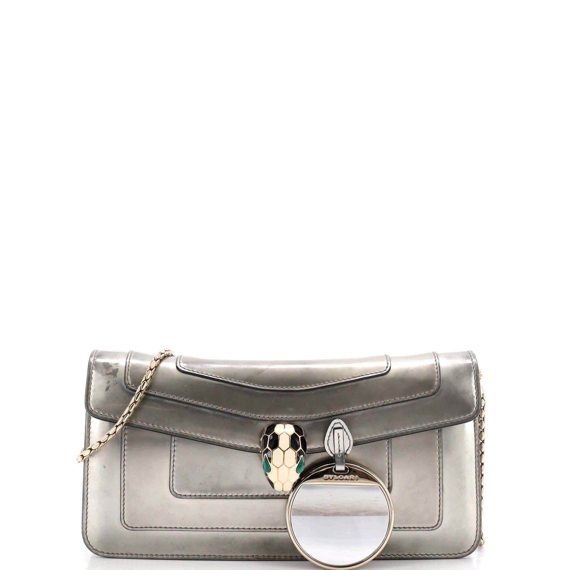 Serpenti Forever Chain Clutch Metallic Leather, Alternate, color, Metallic Silver