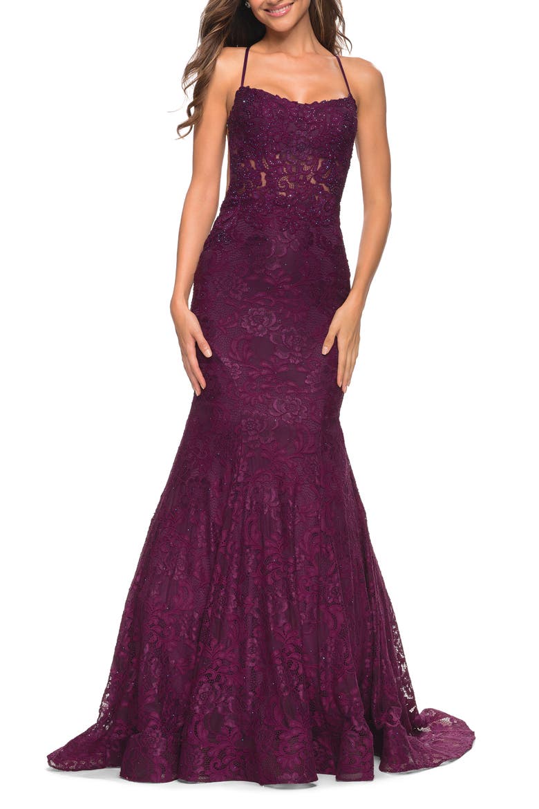 Mermaid Lace Gown with Sheer Bodice and Open Back, Alternate, color, DARK BERRY