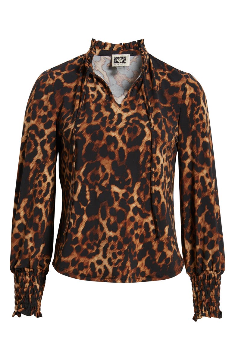 Anne Klein Leopard Print Split Neck Smocked Cuff Top, Alternate, color, 