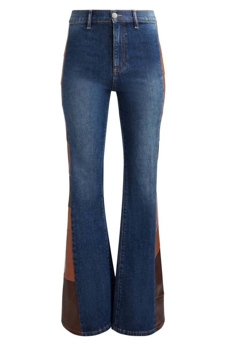 Alice + Olivia Faux Leather Patchwork Detail Flare Leg Jeans, Alternate, color,