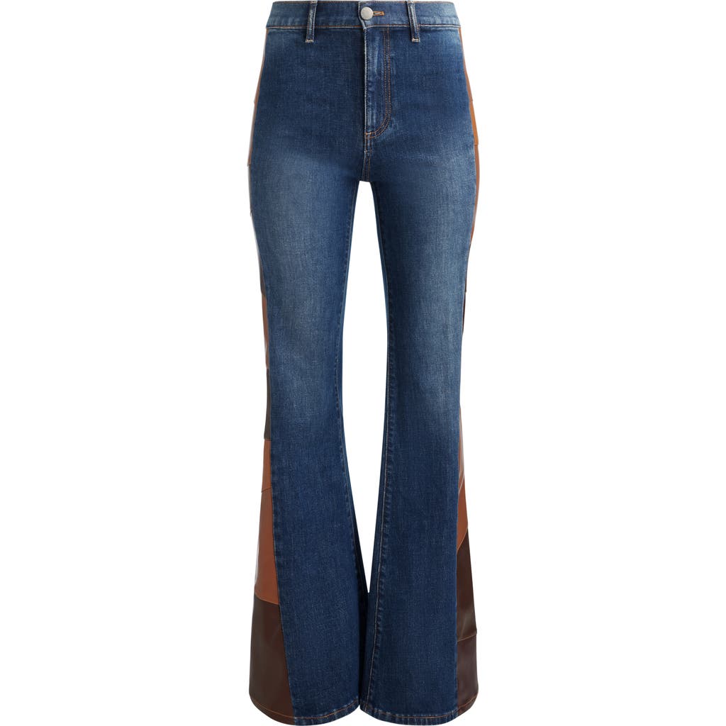 Alice And Olivia Alice + Olivia Faux Leather Patchwork Detail Flare Leg Jeans In Blue