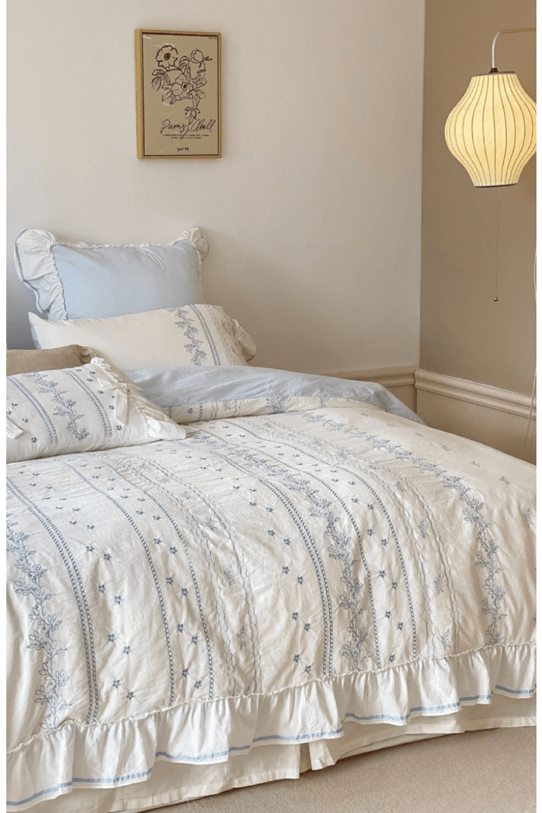 Embroidered French Lace Ruffle Bedding Set, Alternate, color, Blue / Fitted