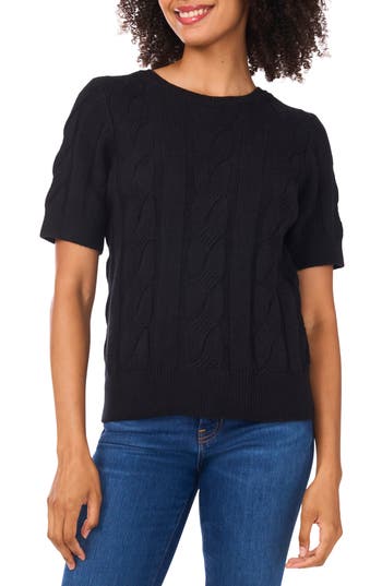 Cece Short Sleeve Cable Stitch Sweater In Black