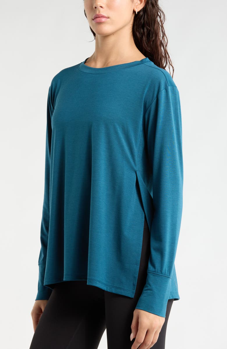 Zella Long Sleeve Split Hem T-Shirt, Alternate, color, Teal Seagate