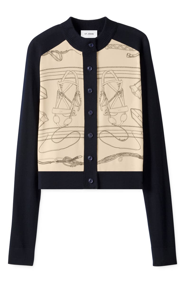 St. John Collection Equestrian Print Crêpe de Chine Inset Wool Cardigan, Alternate, color, Beige/ Navy