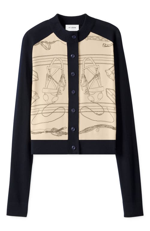 St John St. John Collection Equestrian Print Crêpe De Chine Inset Wool Cardigan In Multi