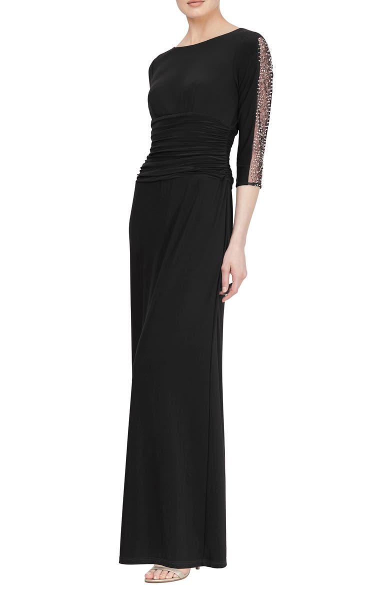 SL FASHIONS Beaded Sleeve Ruched Gown, Main, color, Black
