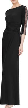 SL FASHIONS Beaded Sleeve Ruched Gown