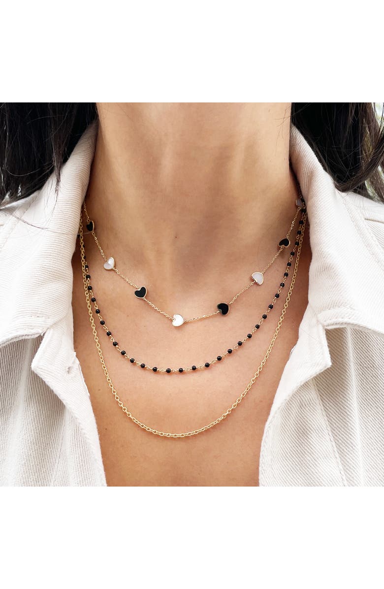 The Lovery Fine Jewelry Mother of Pearl and Onyx Mixed Heart Station Necklace, Alternate, color, Mother Of Pearl And Onyx