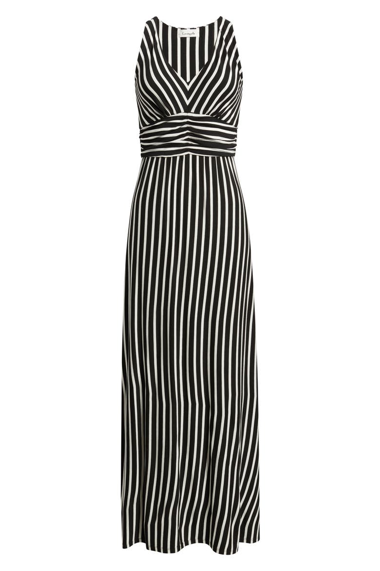 Striped Ruched Empire Waist Maxi Dress, Alternate, color, BLACK/ IVORY