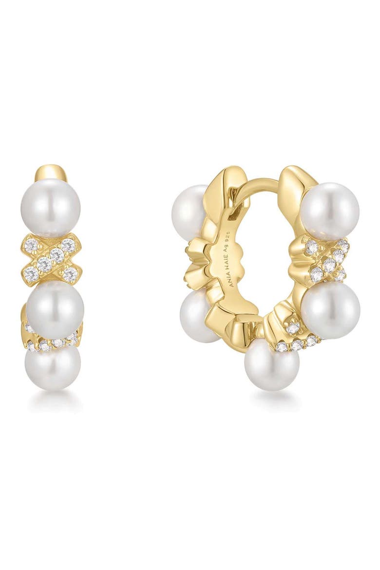 Faux Pearl Pavé Hoop Earrings, Alternate, color, SHINY GOLD