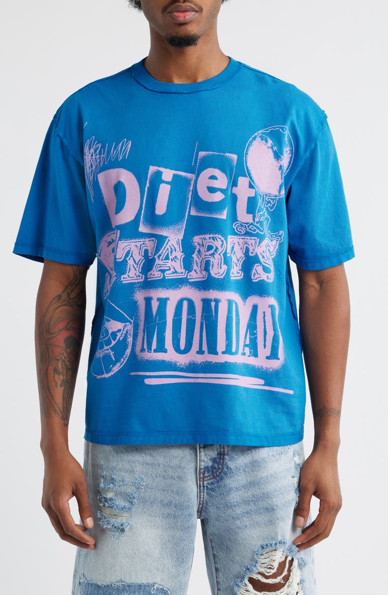 DIET STARTS MONDAY Spray Paint Cotton Graphic T-Shirt, Main, color, Washed Navy