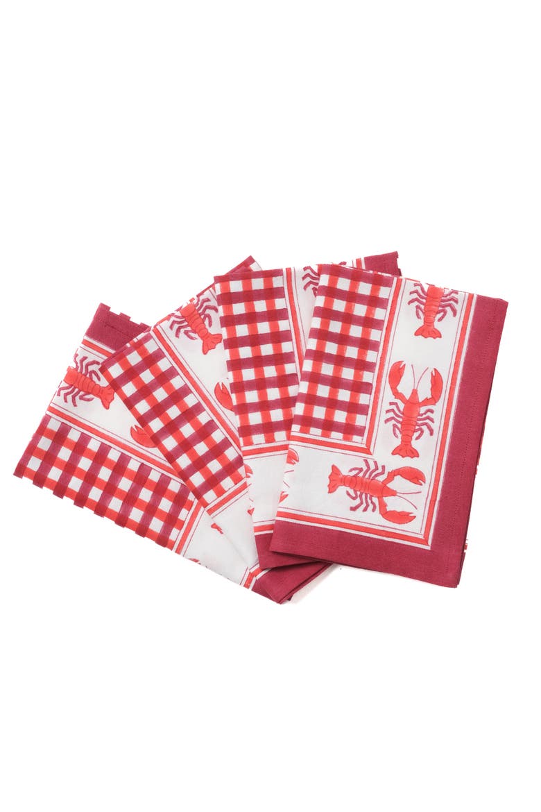 Lobster Red Gingham Blockprint Napkins - Set of 4, Alternate, color, Red