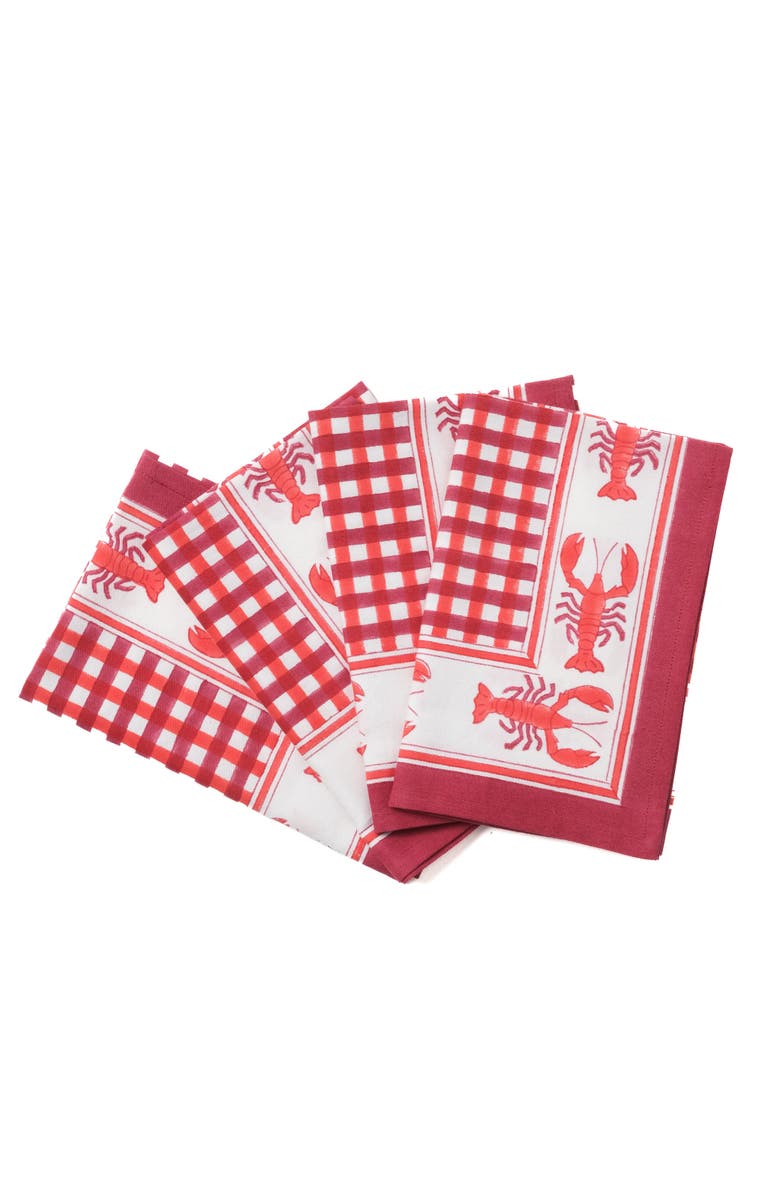 Inner Child Lobster Red Gingham Blockprint Napkins - Set of 4, Alternate, color, Red