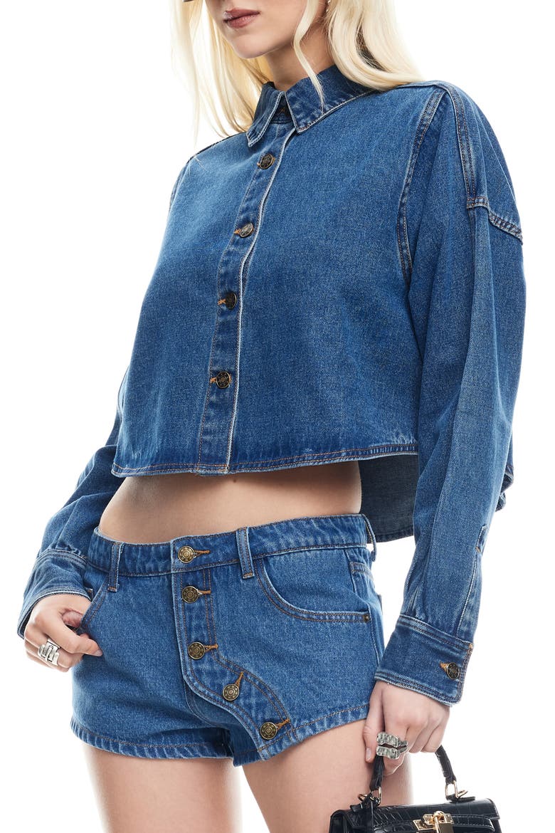 Sundrenched Denim Crop Button-Up Shirt, Alternate, color, MID WASH