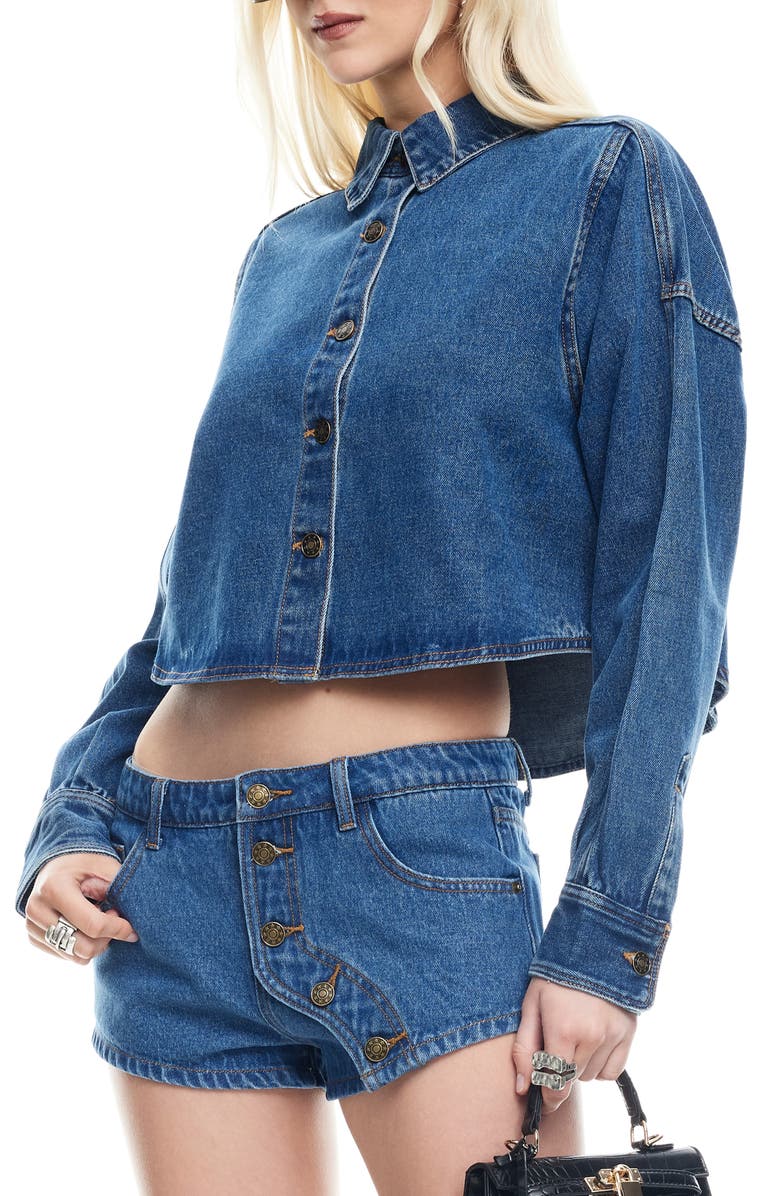 LIONESS Sundrenched Denim Crop Button-Up Shirt, Alternate, color, Mid Wash