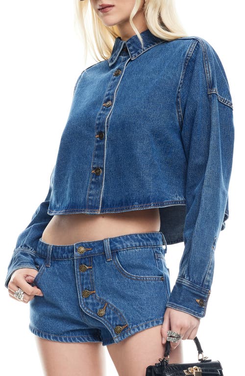 Lioness Sundrenched Denim Crop Button-up Shirt In Blue