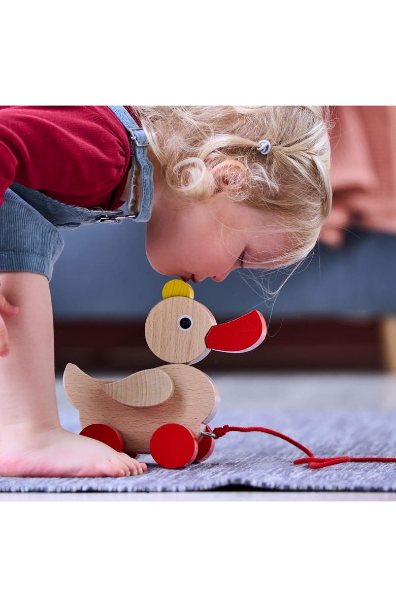 HABA Classic Duck Pull Toy - Montessori Toys for 1 Year Old, Developmental Learning and Baby Walking Toy, Made in Germany, Alternate, color, Red Multi