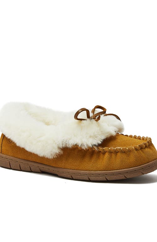 Lands' End Fluffy Lined Indoor Outdoor Moccasin Slippers In English Tan Suede