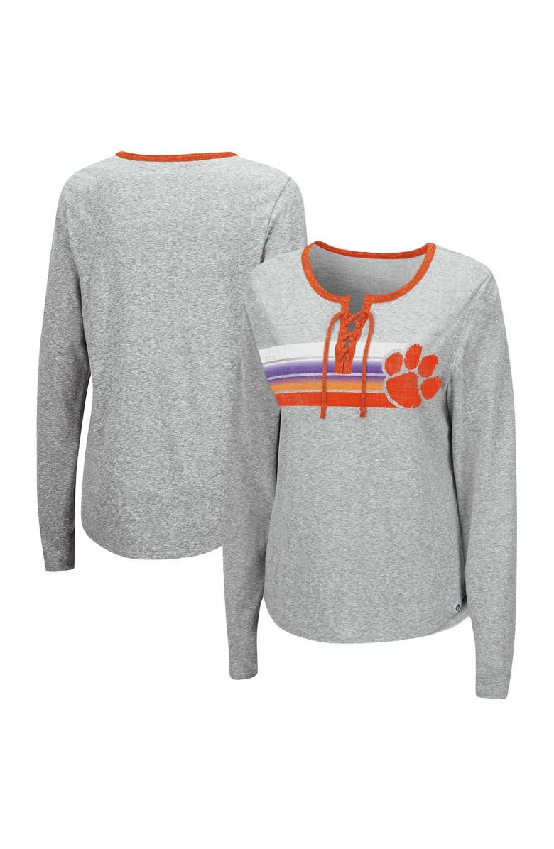 COLOSSEUM Women's Colosseum Heathered Gray Clemson Tigers Sundial Tri-Blend Long Sleeve Lace-Up T-Shirt, Main, color,