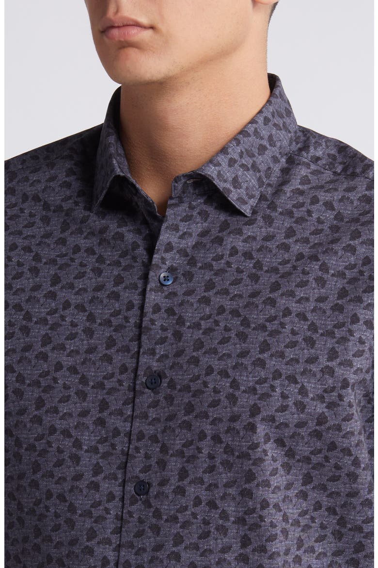 Lindy Leaf Print Short Sleeve Button-Up Shirt, Alternate, color, NAVY