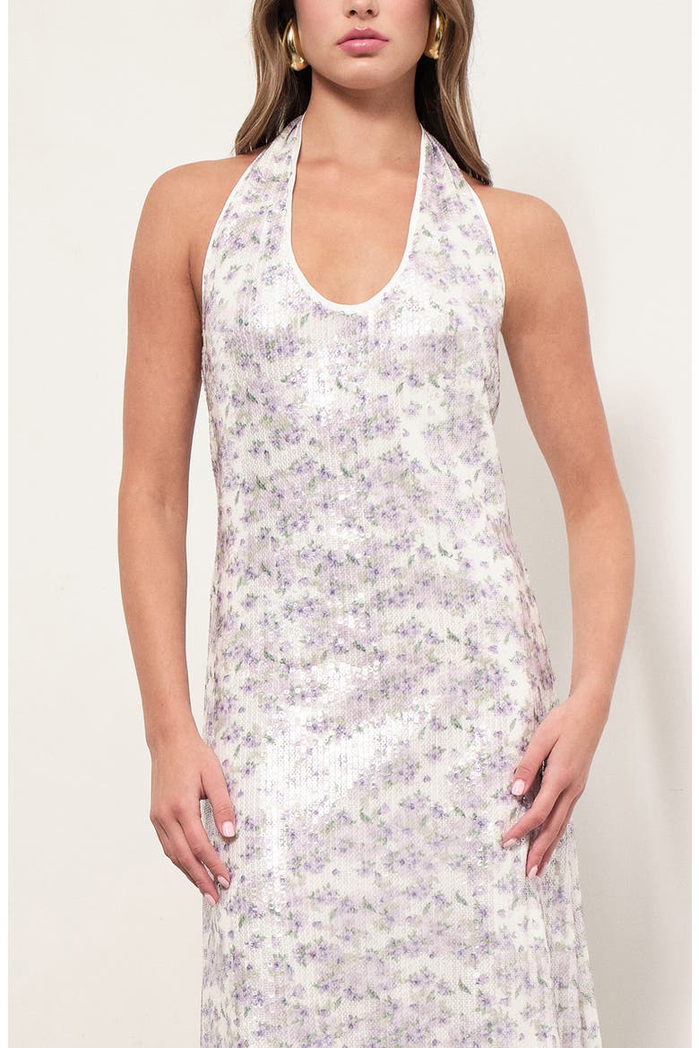 Apollo Floral Sequin Halter Neck Dress, Alternate, color, LILAC BELLFLOWER SEQUINS
