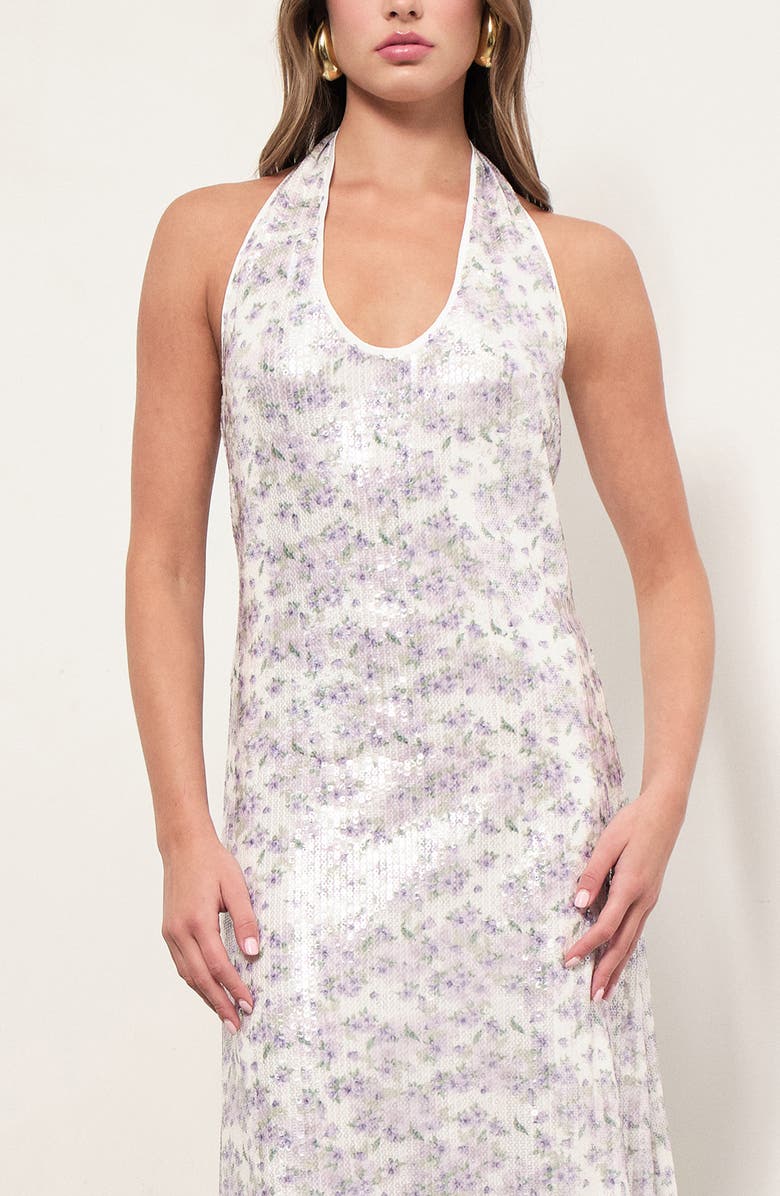 MAUDE CLUB Apollo Floral Sequin Halter Neck Dress, Alternate, color, Lilac Bellflower Sequins
