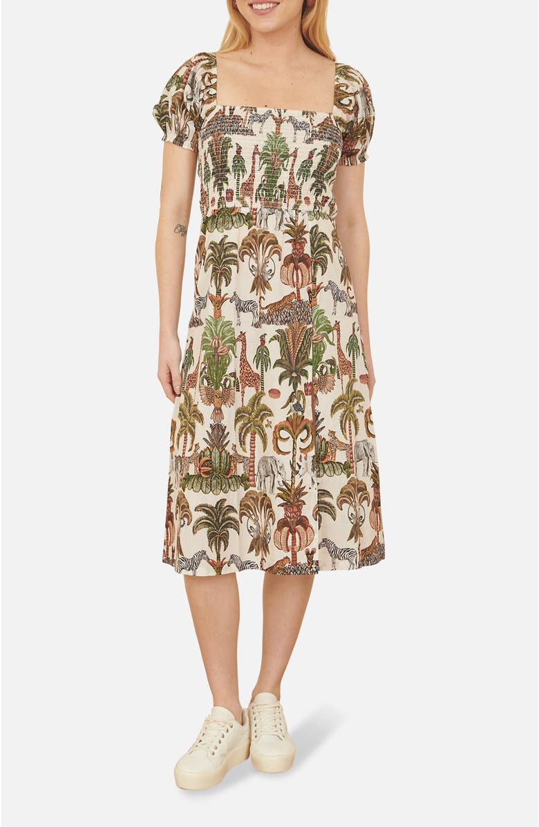 Yumi Cotton Safari Print Ruched Midi Dress, Alternate, color, Multi