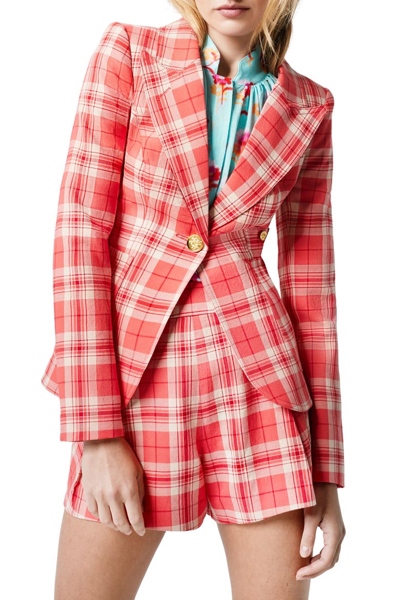 Duchess Plaid Patch Pocket Cotton Blazer, Main, color, WATERMELON PLAID
