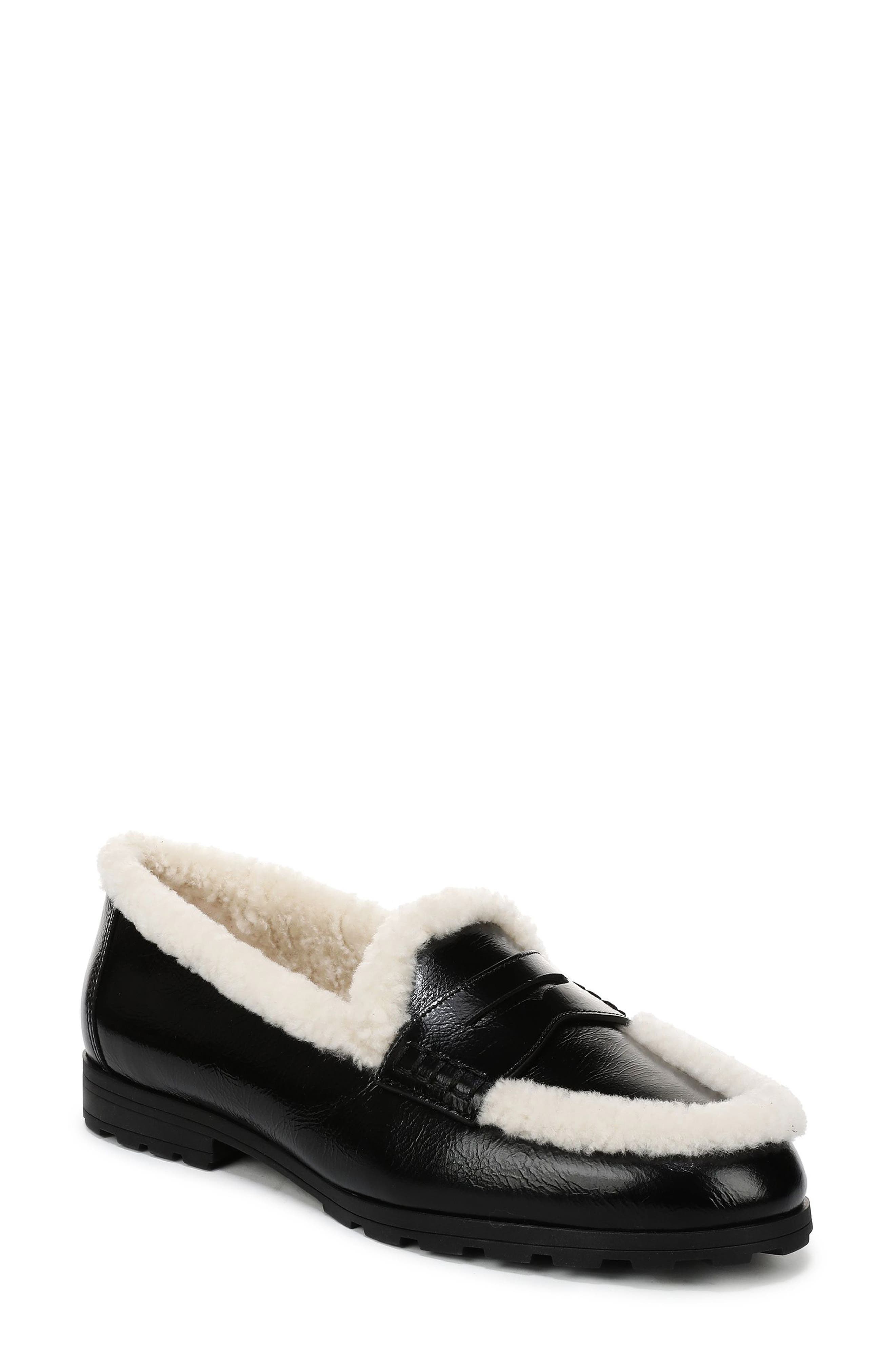 Penny Lug Loafer with Genuine Shearling Trim, Main, color, BLACK LEATHER