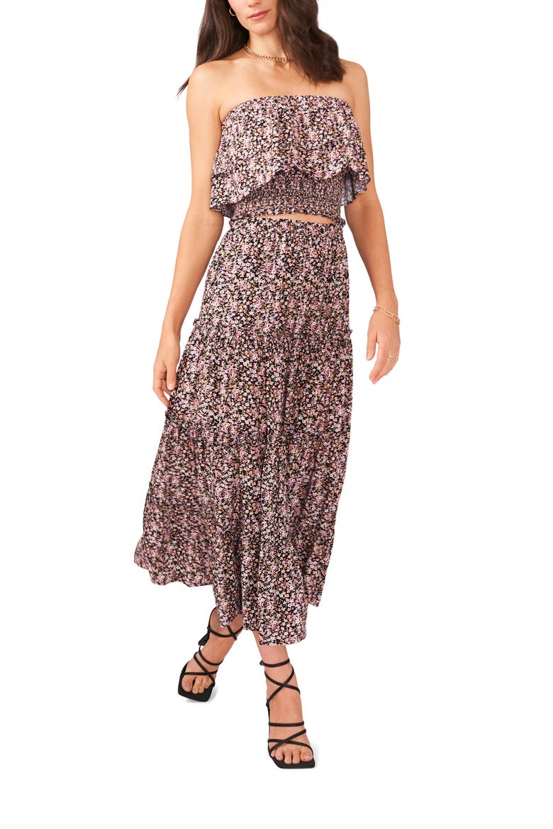 Floral Tiered Midi Skirt, Alternate, color, PEONY PINK