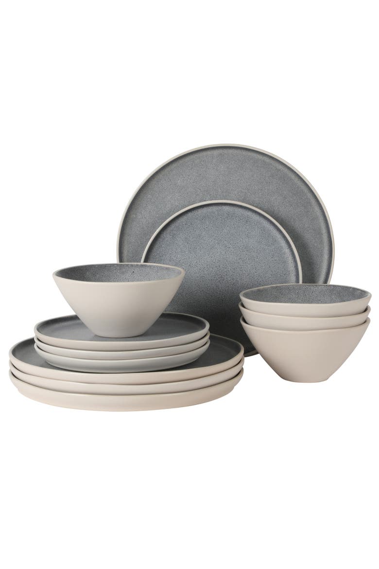Coastal Forest 12-Piece Triple Reactive Glaze Stoneware Dinnerware Set, Main, color, Grey/Linen