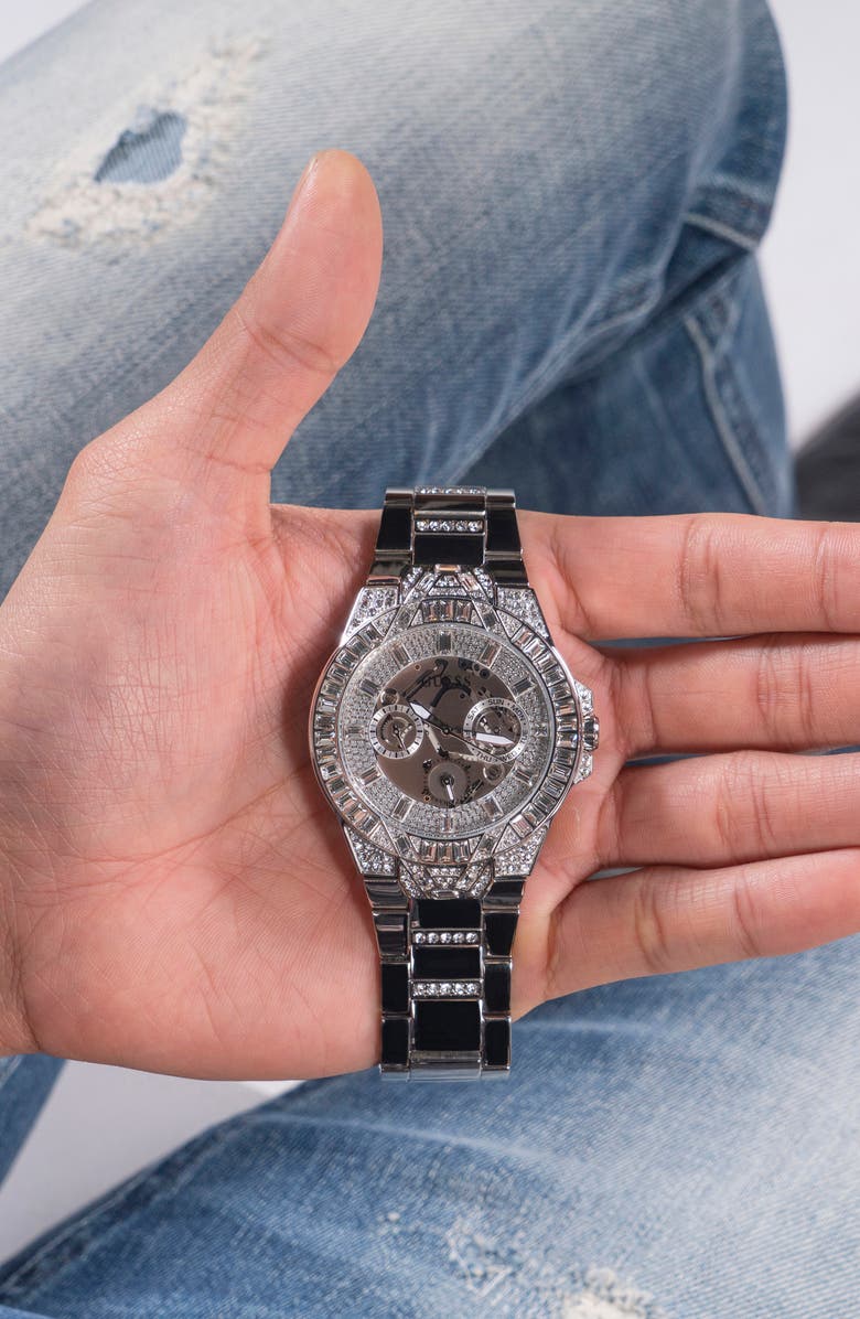 GUESS Multifunction Crystal Skeleton Bracelet Watch, 44mm, Alternate, color, 