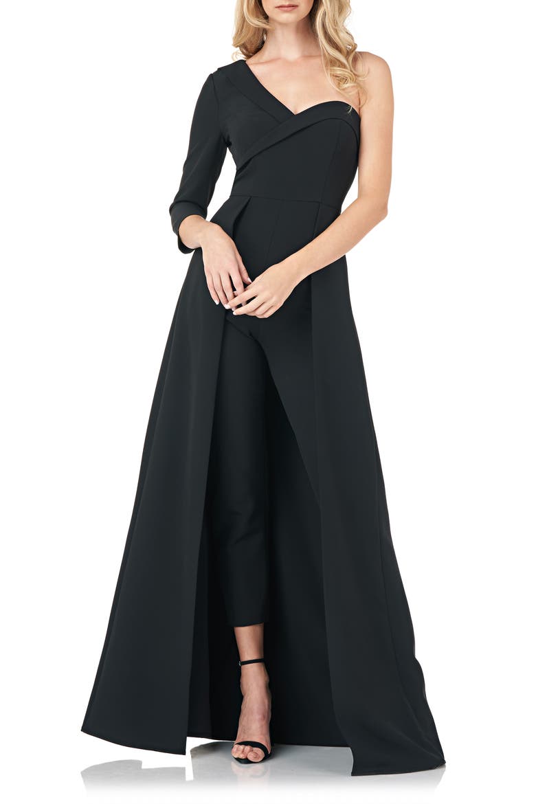 One Shoulder Stretch Crepe Maxi Romper, Main, color, BLACK
