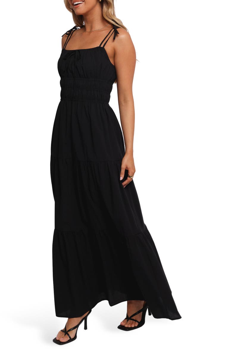 Petal & Pup Ione Shirred Tie Strap Maxi Dress, Alternate, color, Black