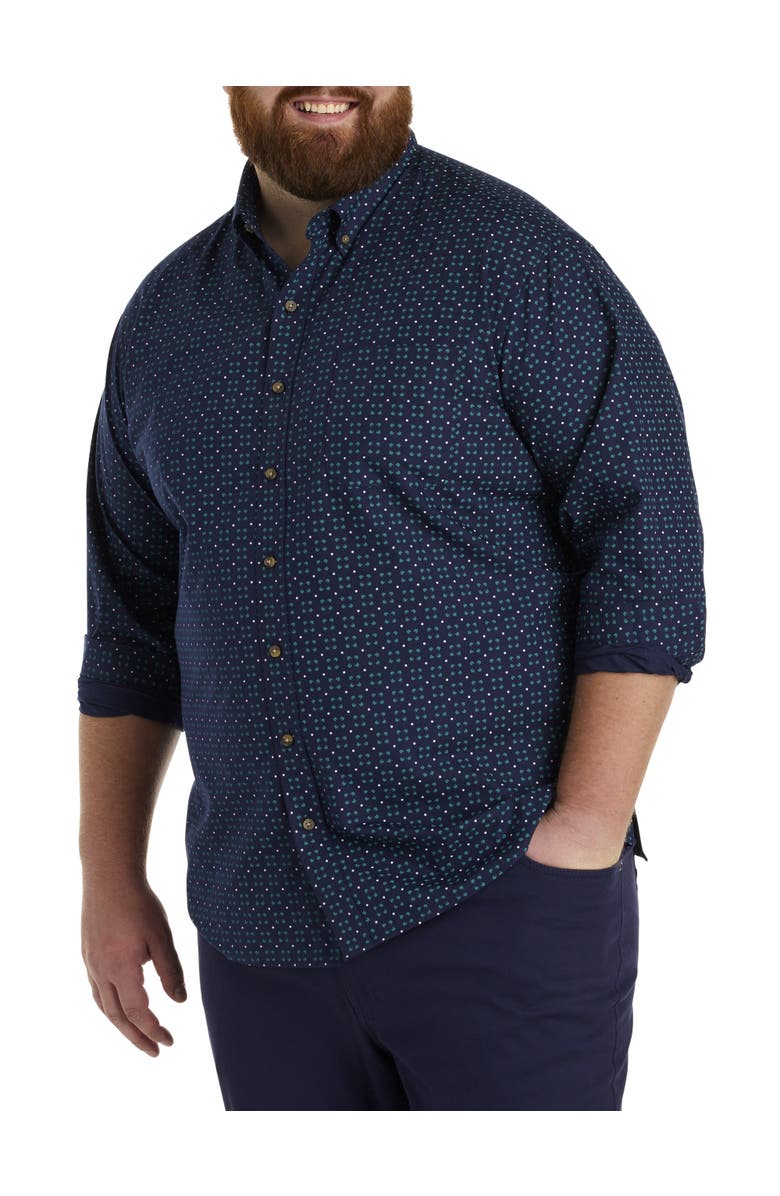 Harbor Bay by DXL Big & Tall Easy-Care Medallion Print Sport Shirt, Main, color, Navy