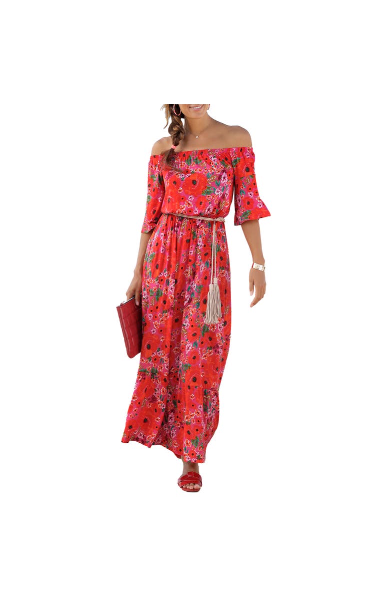 LASCANA Women's Off Shoulder Printed Maxi Dress, Main, color, Multi