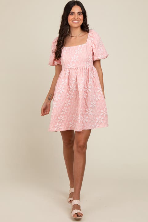 Floral Embossed Puff Sleeve Dress